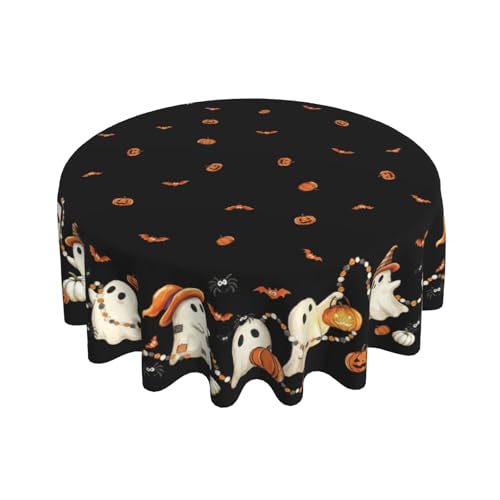 Halloween Round Tablecloth 60 Inch Ghost Jack-o'-Lantern Bats Water-Resistant Fabric - Ghost Variation
