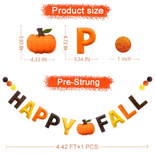 Happy Fall Felt Pumpkin Garland Banner - Autumn Thanksgiving Wall Decor with Wool Felt Balls - Variation: Happy Fall