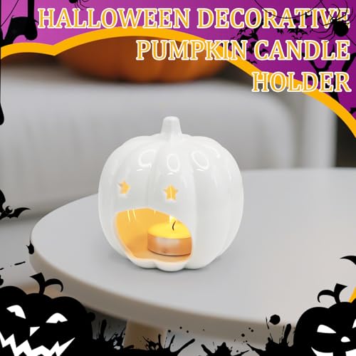 Ceramic White Pumpkin Candle Holder with Star Holes - Halloween Decor - Variation H01