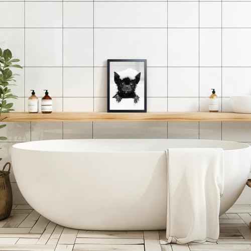 Framed Funny Bat Bathroom Wall Art - Black & White Canvas Print, 16x12 Inch