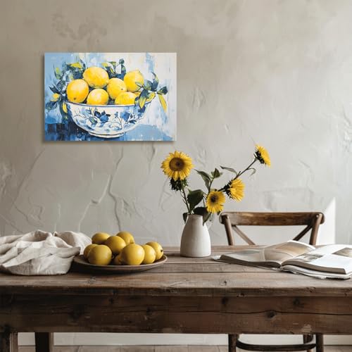 Blue Lemon Wall Art Citrus Prints for Kitchen & Bathroom Decor - 18" x 12"