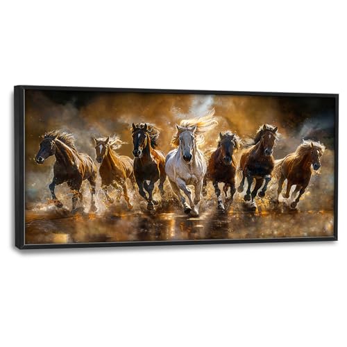 Horse Wall Art Lucky 7 Seven Running Horses Canvas Print Framed Decor - 60x30 Variation of 7 Horses-2