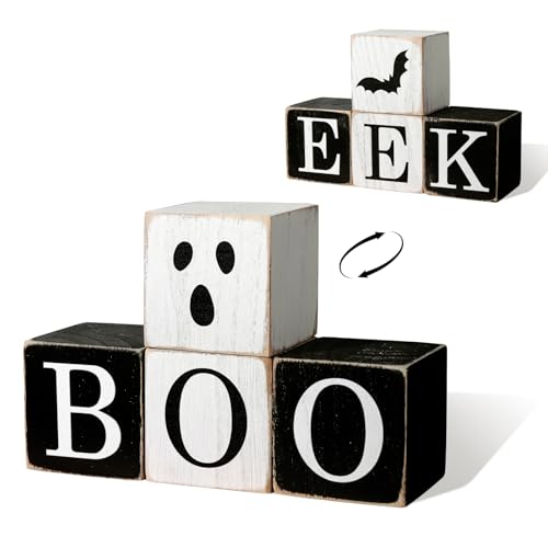 Halloween Table Decorations 4-Pack Farmhouse Ghost Sign Set - Indoor Tiered Tray Decor
