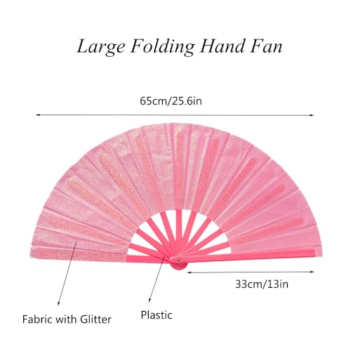 Large Folding Hand Fan Pink Glitter Party Festival Rave Concert Halloween - Light Pink