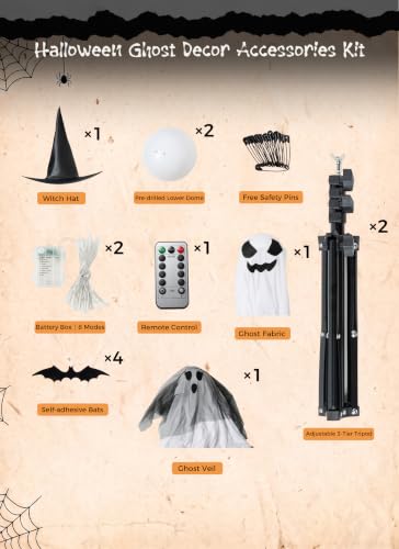 Minetom 2 Pack 5 FT Halloween Ghost Decorations Light Up Ghosts with Tripods & Remote - Veil-Witch Hat / 59in