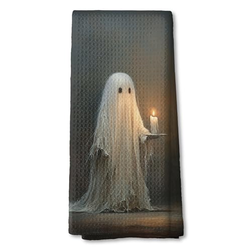 Halloween Ghost Candle Holder Kitchen Towels - Spooky Hand Towels for Bathroom & Kitchen, 13 Colors, 16x24 Inch