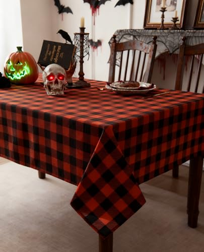 Waterproof Gingham Tablecloth - Pumpkin Orange Black 70x52 Inch Fall Festive Cover