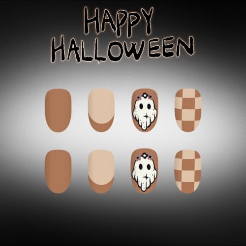 Halloween Press On Nails Short Oval Fake Nails with Ghost & Checkered Design - Brown, Reusable, 24Pcs - Variation: Color35