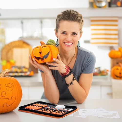 13-Piece Halloween Pumpkin Carving Kit with Stencils - Heavy Duty Stainless Steel Tools