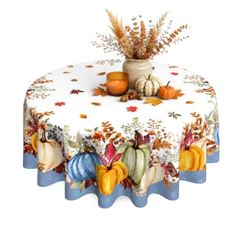 Yellow and Blue Fall Round Tablecloth 60 Inch Autumn Pumpkin & Maple Leaf Decor