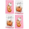 Fall Kitchen Towels Pink Pumpkin Buffalo Plaid Set - 4 Pcs