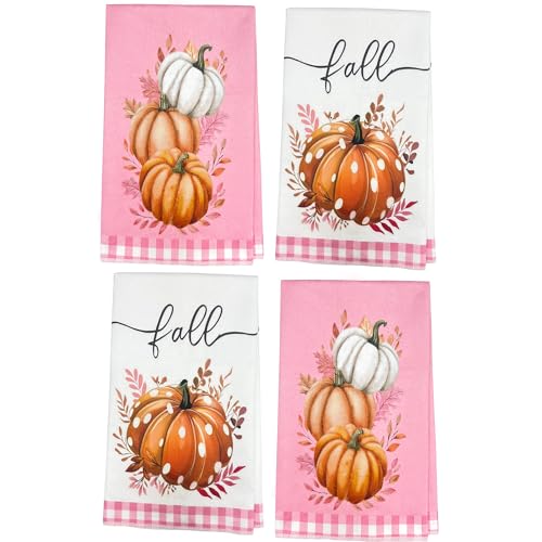 Fall Kitchen Towels Pink Pumpkin Buffalo Plaid Set - 4 Pcs