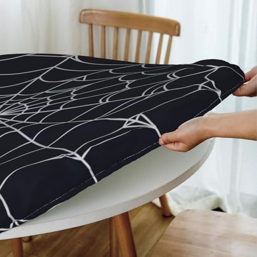42-Inch Spider Web Halloween Round Tablecloth with Elastic Edge, Washable & Reusable