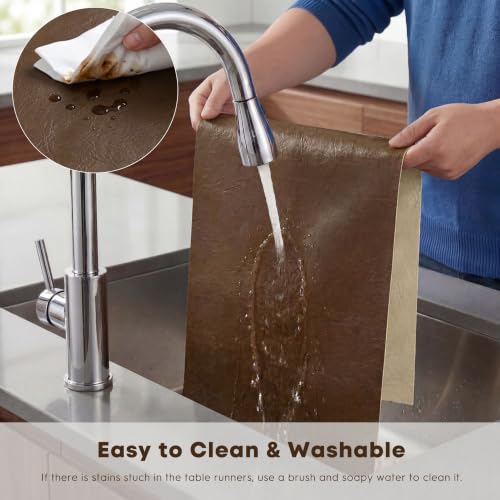 Brown Double Sided Faux Leather Table Runner 12x72 Inch Waterproof & Heat Resistant