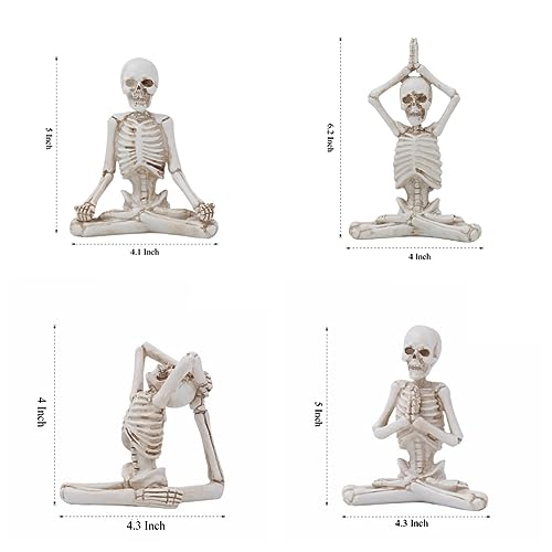 Set of 4 Halloween Skeleton Yoga Figurines - Indoor Resin Skull Decor