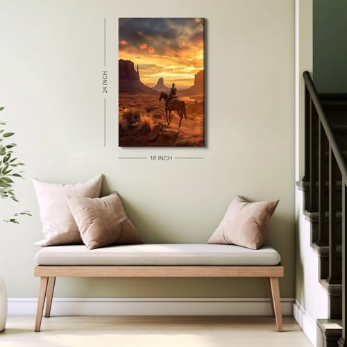 Western Cowboy Wall Art Desert Mountain Sunset Canvas Print - 16x24 Inches - Rustic Home Decor Variation of ZRCB13