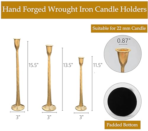 Set of 3 Wrought Iron Taper Candle Holders - Gold Rustic Decor for Wedding & Home