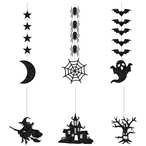 Halloween Hanging Garland Set - Bat Witch Spider Glitter Paper Decorations