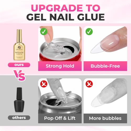 Medium Almond Gel Tips Nail Kit - Pre-Etched False Nail Tips with UV Lamp & Glue