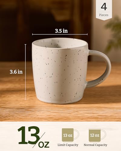 Meteor Creamy White Coffee Mug Set of 4 - 13 oz Ceramic Cups with Handle