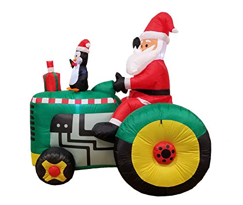 5.3 Ft Inflatable Christmas Santa Driving Tractor with Penguin Outdoor Decor