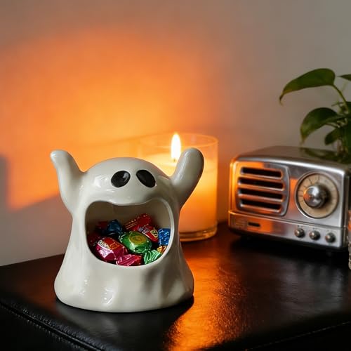 Ghost Shaped Ceramic Candy Bowl - Halloween Candle Holder & Organizer - Variation: Ghost
