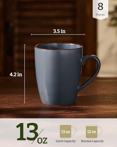 Charcoal Famiware 8-Piece Coffee Mug Set - 13 oz Ceramic Stoneware Cups
