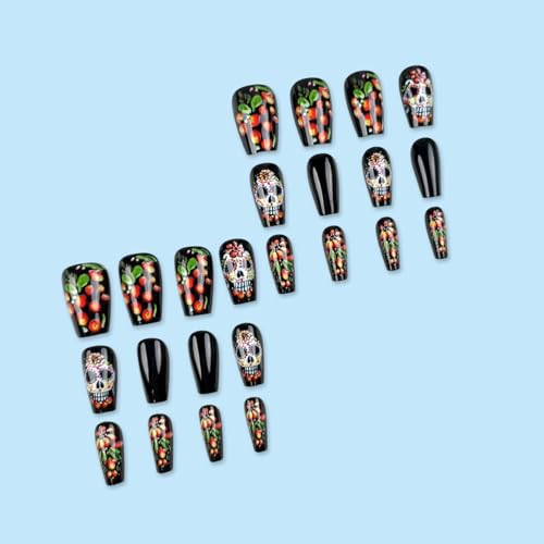 Halloween Fake Nails Medium Coffin Press-On Nails with Colorful Skull Design - Halloween Style2, 24 Pcs