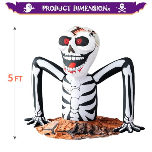 5 FT Halloween Inflatable Skeleton Rising from Ground with LED Lights - Half Skeleton Version