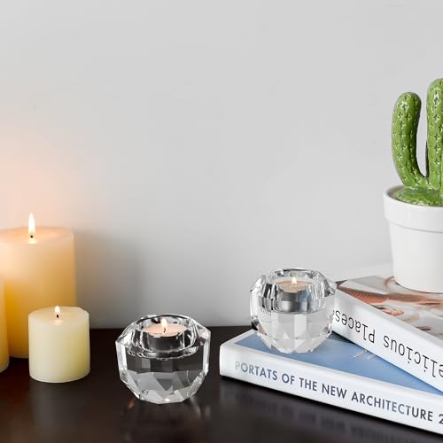 Crystal Tealight Candle Holders Pack of 2 - Handcut Faceted Design, 2.7x2.3 Inches Variation W2.7"×H2.3"