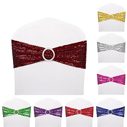 Burgundy 25 PCS Stretch Sequin Chair Sashes for Wedding & Events - Spandex Bands
