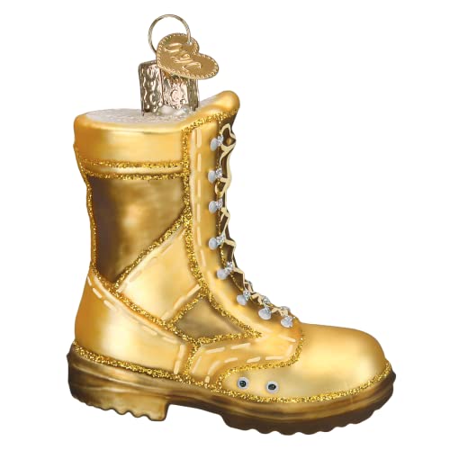 Military Boot Glass Ornament - Gold Combat Boot with Flag Patch, 3x2.75 Inches, Handcrafted Holiday Decor