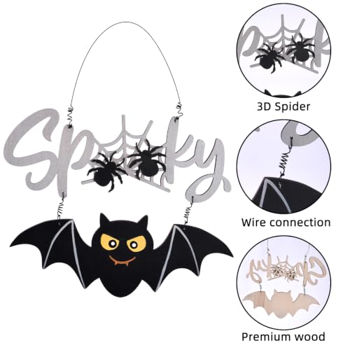 Halloween Door Sign Wooden Spooky Wall Decor - Black Bat & Spiderweb
