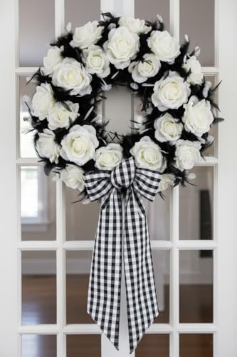 Black White Plaid Wreath Sash - Halloween Modern Wedding Party Bow Ribbon - Black White Variation