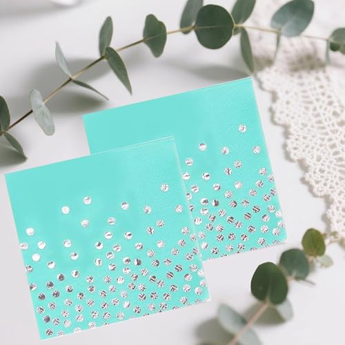 200Pcs Teal and Silver Dot Party Napkins - Elegant Cocktail & Wedding Supplies