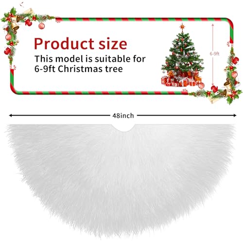 48 Inch White Faux Fur Christmas Tree Skirt for 7.5-9 Ft Trees - Holiday Decor