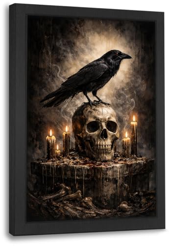 Gothic Crow Wall Art Canvas Print - Raven Skull Dark Academia Decor 16"L x 12"W - Black Frame