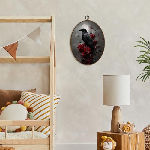 Oval Framed Gothic Black Crow Raven Wall Art - 11.3 x 8.7 Inches, Dark Academia Decor