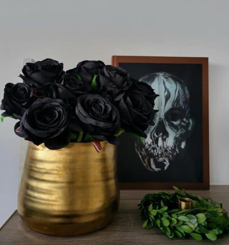 Black Artificial Roses Flowers - 12 Pcs Fake Silk Long Stem Bouquets for Halloween & Gothic Decor - Variation of 12-PCS / Black