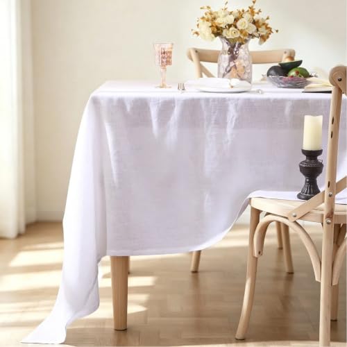 White Linen Tablecloth 60x84 Inches - Textured Dining Cover for Indoor & Outdoor Use