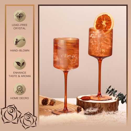 Orange Ribbed Wine Glasses Set of 6 - 11.5oz Stemware for Red & White Wine