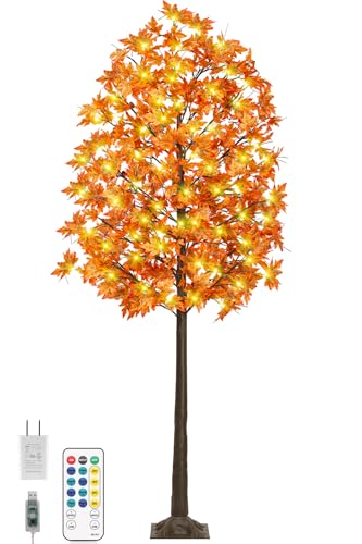 8ft Prelit Fall Maple Tree with 210 LEDs, Dimmable 8 Flash Modes, Autumn Decor