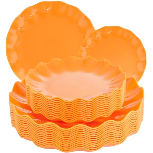 Reusable Orange Plastic Dinner & Dessert Plates Set for 12 Guests - Fall & Holiday Tableware with Lotus Edge