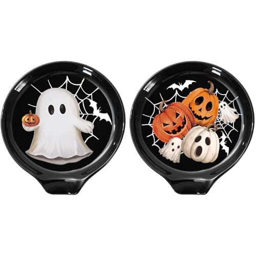 Halloween Ghost and Pumpkin Spoon Rest Set - Black White Orange Ceramic 2Pcs