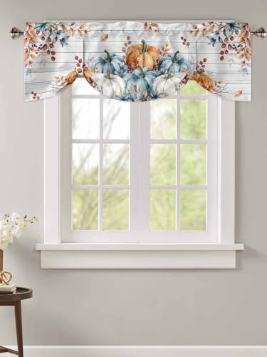 54x18 Inch Orange Blue Pumpkin Fall Kitchen Valance Set Window Treatments - Tie Up Wooden Rod Pocket Curtains for Home and Living Room - Thanksgiving Leaves
