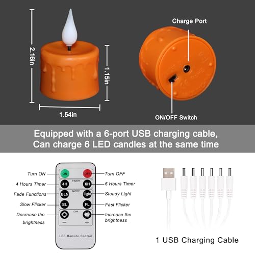 Orange Rechargeable Flameless Candles with Remote & Timer - Set of 6