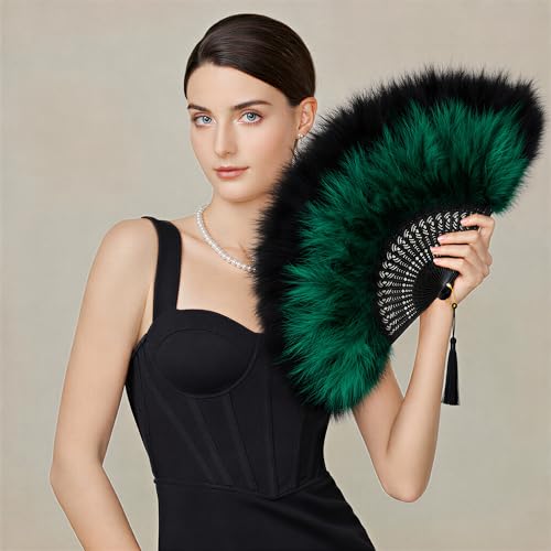 1920s Marabou Feather Folding Hand Fan - Black Green Vintage Flapper Accessory