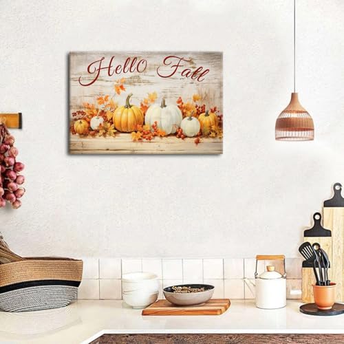 Rustic Fall Pumpkin Wall Art - Hello Fall Canvas Print with Maple Leaves, 16"L x 12"W