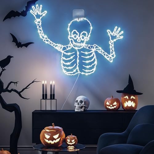 Halloween Skull Window Lights - Wrought Iron Skeleton Decor with 8 Lighting Effects & Timer, 21 Inch