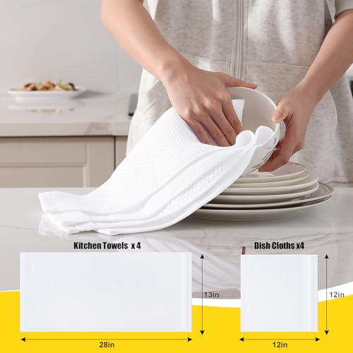 White Kitchen Towels and Dishcloths Set of 16 - Cotton Waffle Weave, Absorbent & Durable